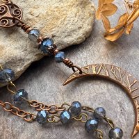 Crescent Moon & Triskele, Rosary Style Necklace, Copper, Blue Crystals, Tree Branches, Magical Moon, Triple Goddess, Witchy Pagan Art