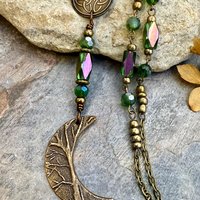 Crescent Moon & Celtic Knot, Bronze Rosary Style Necklace, Tree Branches, Magical Moon, Green Iridescent Crystals, Witchy Pagan Art Jewelry