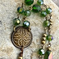 Crescent Moon & Celtic Knot, Bronze Rosary Style Necklace, Tree Branches, Magical Moon, Green Iridescent Crystals, Witchy Pagan Art Jewelry
