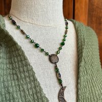 Crescent Moon & Celtic Knot, Bronze Rosary Style Necklace, Tree Branches, Magical Moon, Green Iridescent Crystals, Witchy Pagan Art Jewelry