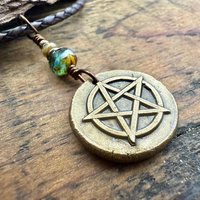 Pentagram Bronze Charm, Pentacle Pendant, Czech Glass Beads, Leather & Vegan Cords, Pagan Wicca, 5 Elements Star, Handmade, Witchy Things