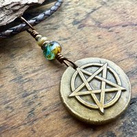 Pentagram Bronze Charm, Pentacle Pendant, Czech Glass Beads, Leather & Vegan Cords, Pagan Wicca, 5 Elements Star, Handmade, Witchy Things
