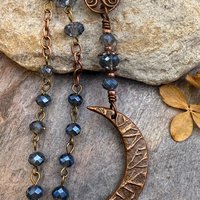 Crescent Moon & Triskele, Rosary Style Necklace, Copper, Blue Crystals, Tree Branches, Magical Moon, Triple Goddess, Witchy Pagan Art