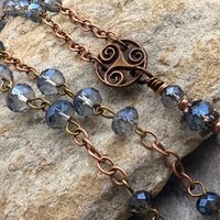 Crescent Moon & Triskele, Rosary Style Necklace, Copper, Blue Crystals, Tree Branches, Magical Moon, Triple Goddess, Witchy Pagan Art