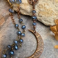 Crescent Moon & Triskele, Rosary Style Necklace, Copper, Blue Crystals, Tree Branches, Magical Moon, Triple Goddess, Witchy Pagan Art