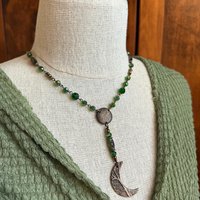 Crescent Moon & Celtic Knot, Bronze Rosary Style Necklace, Tree Branches, Magical Moon, Green Iridescent Crystals, Witchy Pagan Art Jewelry