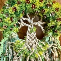 Tree of Life Witch Bells, Home & Door Protection, Doorknob, 5 Inch Mossy Wreath, Housewarming Gifts, Spirit Altar Bells, Recycled Ribbons