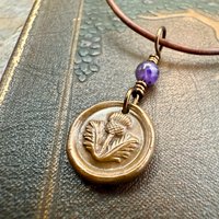 Thistle of Scotland, Copper Wax Seal Charm, Purple Amethyst, Leather & Vegan Cord, Highlander, Outlander, Scottish Gifts, Botanical Jewelry
