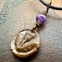 Thistle of Scotland, Copper Wax Seal Charm, Purple Amethyst, Leather & Vegan Cord, Highlander, Outlander, Scottish Gifts, Botanical Jewelry