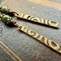 Dangle Stick Earrings, Bronze Spirals, Connemara Marble Beads, Irish Celtic Jewelry, Long Skinny, Hypoallergenic Ear Wires, Earthy Rustic