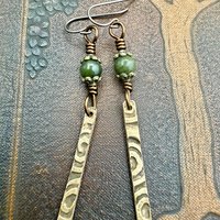 Dangle Stick Earrings, Bronze Spirals, Connemara Marble Beads, Irish Celtic Jewelry, Long Skinny, Hypoallergenic Ear Wires, Earthy Rustic
