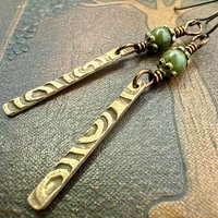 Dangle Stick Earrings, Bronze Spirals, Connemara Marble Beads, Irish Celtic Jewelry, Long Skinny, Hypoallergenic Ear Wires, Earthy Rustic
