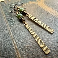 Dangle Stick Earrings, Bronze Spirals, Connemara Marble Beads, Irish Celtic Jewelry, Long Skinny, Hypoallergenic Ear Wires, Earthy Rustic