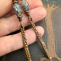 Copper Dangle Drop Earrings, Coral Fossil Texture, Czech Glass Beads, Hypoallergenic Niobium Ear Wires, Earthy Primitive, Door County WI