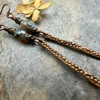 Copper Dangle Drop Earrings, Coral Fossil Texture, Czech Glass Beads, Hypoallergenic Niobium Ear Wires, Earthy Primitive, Door County WI