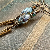 Copper Dangle Drop Earrings, Coral Fossil Texture, Czech Glass Beads, Hypoallergenic Niobium Ear Wires, Earthy Primitive, Door County WI