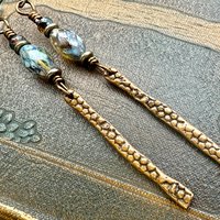 Copper Dangle Drop Earrings, Coral Fossil Texture, Czech Glass Beads, Hypoallergenic Niobium Ear Wires, Earthy Primitive, Door County WI