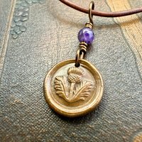 Thistle of Scotland, Copper Wax Seal Charm, Purple Amethyst, Leather & Vegan Cord, Highlander, Outlander, Scottish Gifts, Botanical Jewelry