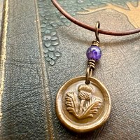 Thistle of Scotland, Copper Wax Seal Charm, Purple Amethyst, Leather & Vegan Cord, Highlander, Outlander, Scottish Gifts, Botanical Jewelry