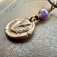 Thistle of Scotland, Copper Wax Seal Charm, Purple Amethyst, Leather & Vegan Cord, Highlander, Outlander, Scottish Gifts, Botanical Jewelry