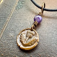 Thistle of Scotland, Copper Wax Seal Charm, Purple Amethyst, Leather & Vegan Cord, Highlander, Outlander, Scottish Gifts, Botanical Jewelry