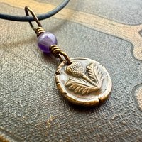 Thistle of Scotland, Copper Wax Seal Charm, Purple Amethyst, Leather & Vegan Cord, Highlander, Outlander, Scottish Gifts, Botanical Jewelry