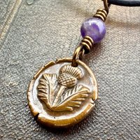 Thistle of Scotland, Copper Wax Seal Charm, Purple Amethyst, Leather & Vegan Cord, Highlander, Outlander, Scottish Gifts, Botanical Jewelry