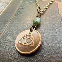 Copper Trinity Knot, Triquetra, Wax Seal Charm, Connemara Marble, Irish Celtic Jewelry, Pagan, 7th Anniversary, Triple Goddess, Celtic Witch