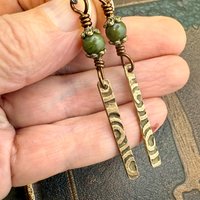 Dangle Stick Earrings, Bronze Spirals, Connemara Marble Beads, Irish Celtic Jewelry, Long Skinny, Hypoallergenic Ear Wires, Earthy Rustic