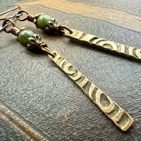 Dangle Stick Earrings, Bronze Spirals, Connemara Marble Beads, Irish Celtic Jewelry, Long Skinny, Hypoallergenic Ear Wires, Earthy Rustic
