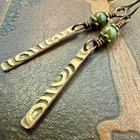 Dangle Stick Earrings, Bronze Spirals, Connemara Marble Beads, Irish Celtic Jewelry, Long Skinny, Hypoallergenic Ear Wires, Earthy Rustic