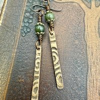 Dangle Stick Earrings, Bronze Spirals, Connemara Marble Beads, Irish Celtic Jewelry, Long Skinny, Hypoallergenic Ear Wires, Earthy Rustic