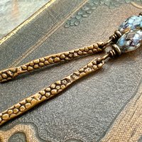 Copper Dangle Drop Earrings, Coral Fossil Texture, Czech Glass Beads, Hypoallergenic Niobium Ear Wires, Earthy Primitive, Door County WI