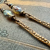 Copper Dangle Drop Earrings, Coral Fossil Texture, Czech Glass Beads, Hypoallergenic Niobium Ear Wires, Earthy Primitive, Door County WI
