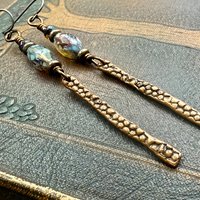 Copper Dangle Drop Earrings, Coral Fossil Texture, Czech Glass Beads, Hypoallergenic Niobium Ear Wires, Earthy Primitive, Door County WI