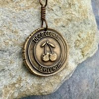 Door County Wisconsin, Cherries Charm, Bronze Pendant, Celtic Spirals,