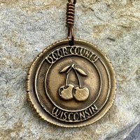 Door County Wisconsin, Cherries Charm, Bronze Pendant, Celtic Spirals,