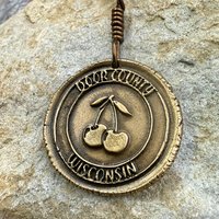 Door County Wisconsin, Cherries Charm, Bronze Pendant, Celtic Spirals,