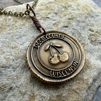 Door County Wisconsin, Cherries Charm, Bronze Pendant, Celtic Spirals,
