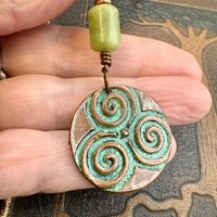 Triskele Copper Pendant, Verdigris Patina, Hand Carved, Connemara Marble, Triskelion Triple Spiral, Irish Celtic Pagan, Newgrange Ireland
