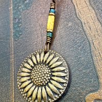 Sunflower Pendant, Bronze Jewelry, Ukraine Sunflower Necklace, Botanical Pendant, Green Witch, Leather & Vegan Cords, Handmade Earthy Gifts