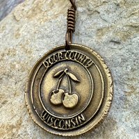 Door County Wisconsin, Cherries Charm, Bronze Pendant, Celtic Spirals,