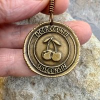 Door County Wisconsin, Cherries Charm, Bronze Pendant, Celtic Spirals,