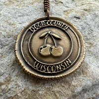 Door County Wisconsin, Cherries Charm, Bronze Pendant, Celtic Spirals,