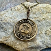 Door County Wisconsin, Cherries Charm, Bronze Pendant, Celtic Spirals,