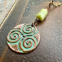 Triskele Copper Pendant, Verdigris Patina, Hand Carved, Connemara Marble, Triskelion Triple Spiral, Irish Celtic Pagan, Newgrange Ireland