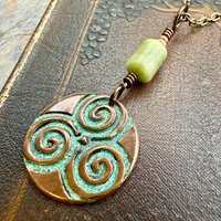 Triskele Copper Pendant, Verdigris Patina, Hand Carved, Connemara Marble, Triskelion Triple Spiral, Irish Celtic Pagan, Newgrange Ireland