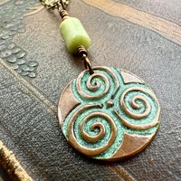 Triskele Copper Pendant, Verdigris Patina, Hand Carved, Connemara Marble, Triskelion Triple Spiral, Irish Celtic Pagan, Newgrange Ireland