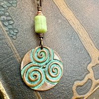 Triskele Copper Pendant, Verdigris Patina, Hand Carved, Connemara Marble, Triskelion Triple Spiral, Irish Celtic Pagan, Newgrange Ireland