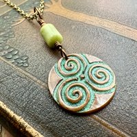 Triskele Copper Pendant, Verdigris Patina, Hand Carved, Connemara Marble, Triskelion Triple Spiral, Irish Celtic Pagan, Newgrange Ireland